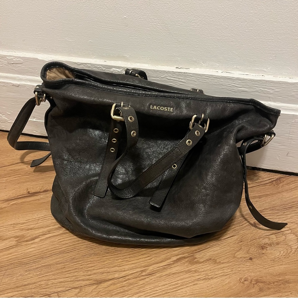 Lacoste Black Leather Slouchy Shoulder Bag with Gold Hardware